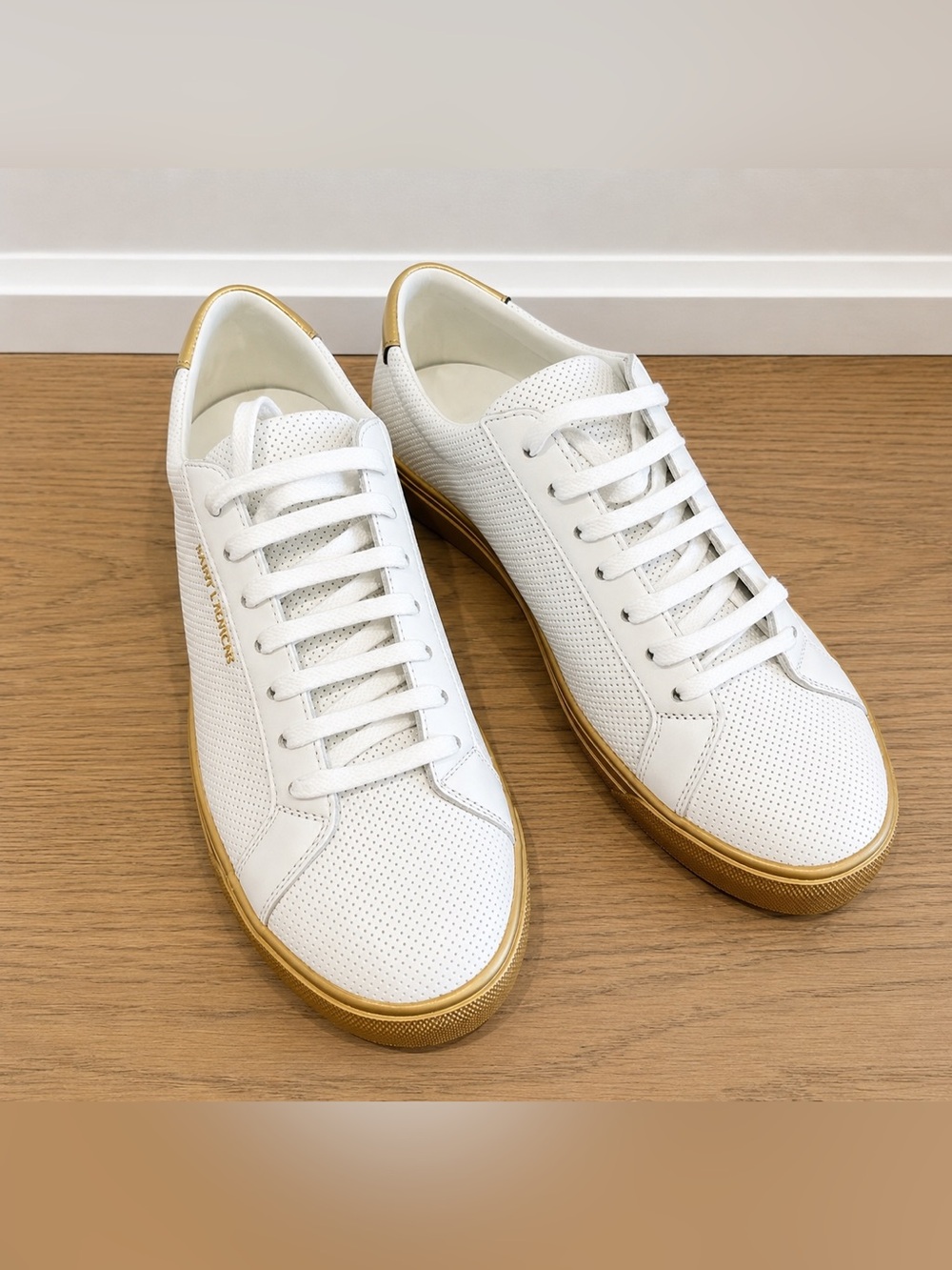 Saint Laurent Andy Low-Top Perforated Leather Sneakers White Gold Size 39.5